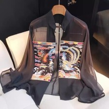 Women Mesh Chinese Embroidery Sheer Tops Retro Blouse Shirt Jacket Coat Thin