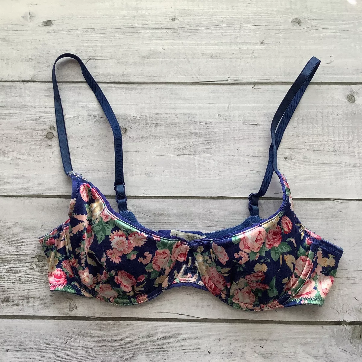 Christian Dior Intimates Bra Women’s 36B Blue Pink Floral Satin Balconette  #4708