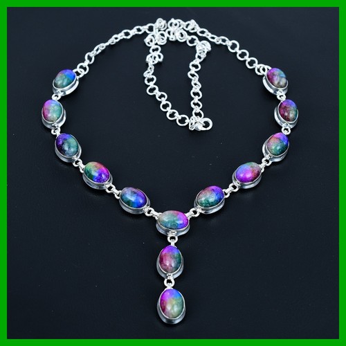 Sterling Silver Rainbow Solar Quartz Druzy Gemstone Chain Bezel Wedding Necklace - Picture 7 of 11