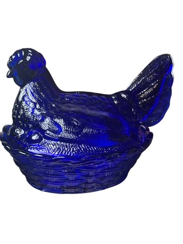 VTG 5¾" Hen On Nest Split Tail Cobalt Blue Glass Covered On Trinket Basket