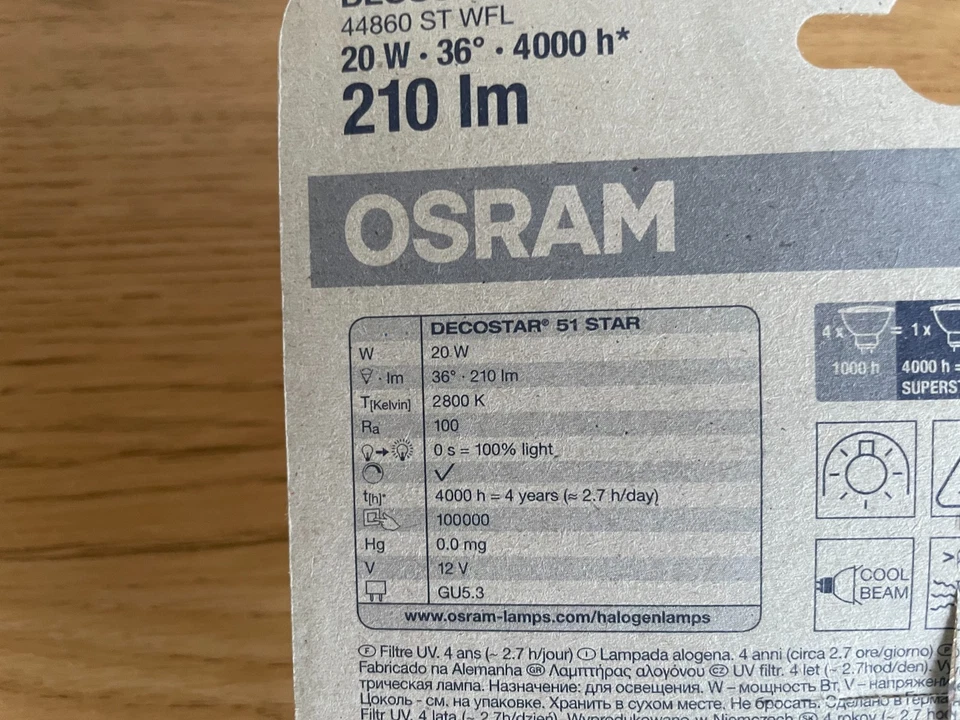 2 x Osram Halogen Star Decostar 51 20W GU5.3 12V 36° 44860 ST WFL 210lm Bulbs - Image 4 of 4