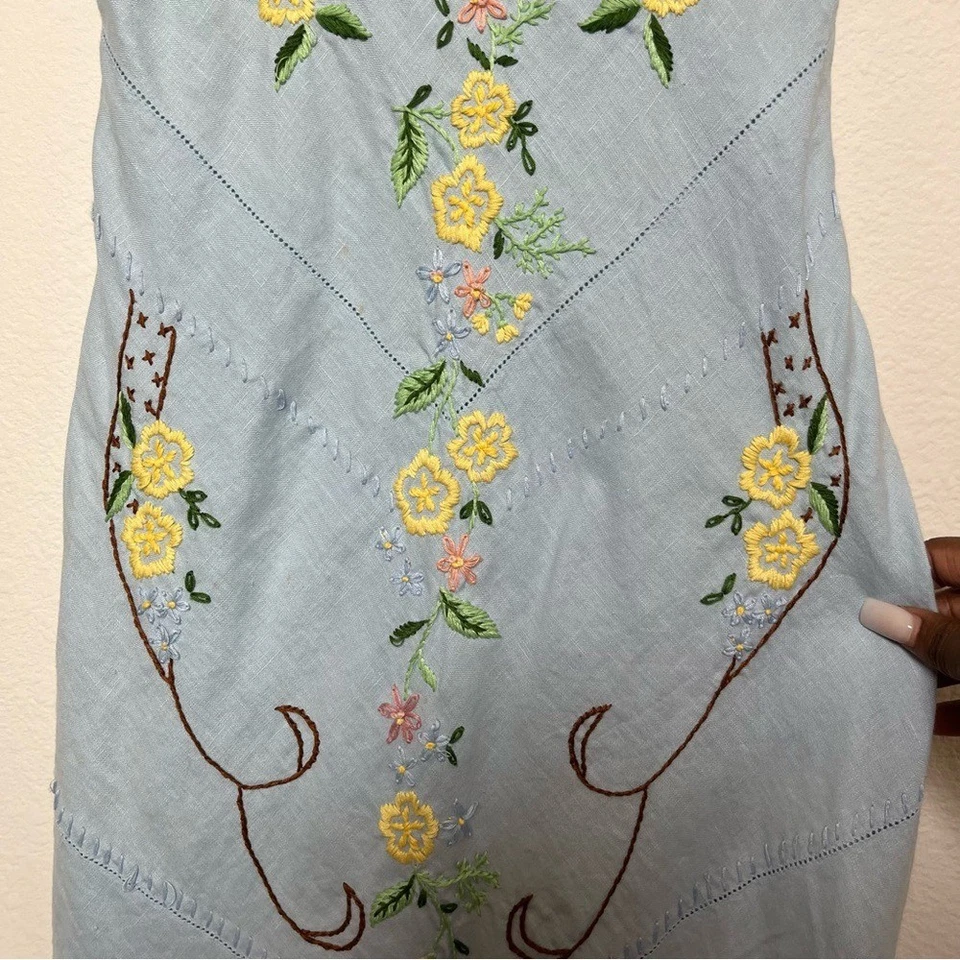 Y2K Sue Wong женщин льняное платье 4 Baby синий цветочный вышитый сарафан коттедж - Изображение 3 из 4