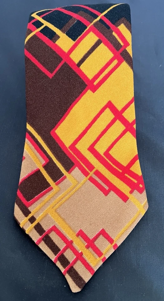 Vintage 70s Neck Tie Abstract Diamond Orange Tan Red Polyester Ugly Funky Disco - Image 2 of 4