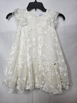 Mayoral Girls White Floral Lace Ruffled Sleeve Lined Ceremonial Dress Size 6
