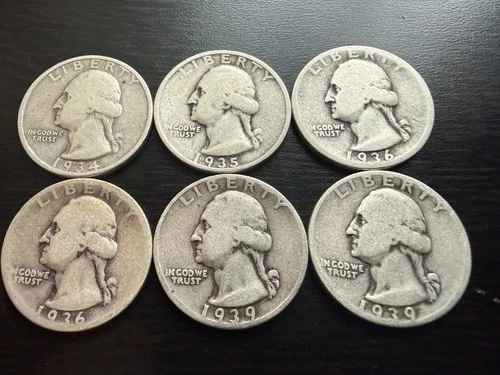 6 Lot 1930s Washington Quarters 90% Silver 1934 1935 1936 1939 Good+ Condition