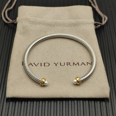 NEWDavidYurman.Sterling Silver 4mm Pearl & 18K Gold Cable Cuff Diamond Bracelet