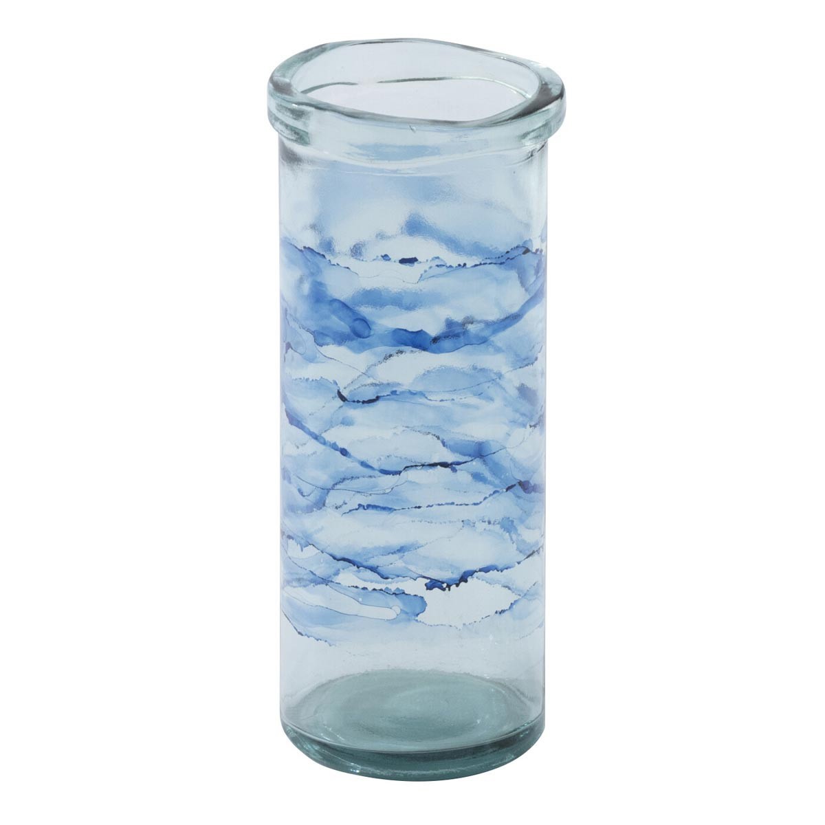 Photophore en verre bleu texturé Vague de 36cm au design épuré