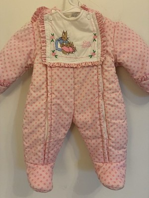 Vintage Beatrix Potter Quiltex Baby 6M Pink Mrs Rabbit Footed Bunting Pramsuit