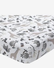 Lambs Ivy Baby Jungle Animals White/Gray/Taupe Cotton Fitted Crib Sheet