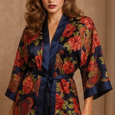Victorias Secret Floral Paisley Kimono Robe Satin Trim Belt OS Vintage 90s