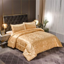 Queen Comforter Set- Luxury Gold Silk Bed Set All Season Lightweight Quilt So.