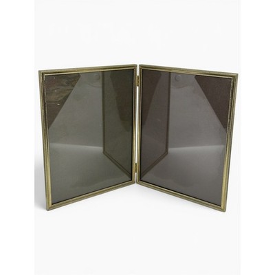 VTG Double Picture Frame Gold Metal Hinged Folding Beaded Border Tabletop 8x10