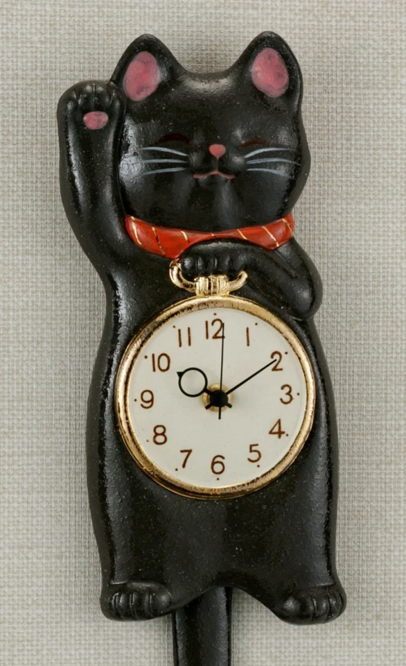 Japanese Black Lucky Cat Manekineko Wall Pendulum Clock Pottery Seto ware Gift - Image 2 of 4