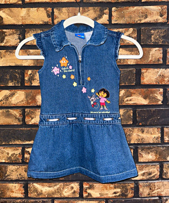 Vintage Nick Jr Dora the Explorer Denim Dress 4T Blue Sleeveless Zip Knee A-Line