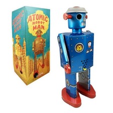 ATOMIC MAN ROBOT 11.5" Large Blue Wind Up Tin Toy Collectible Saint John Marxu