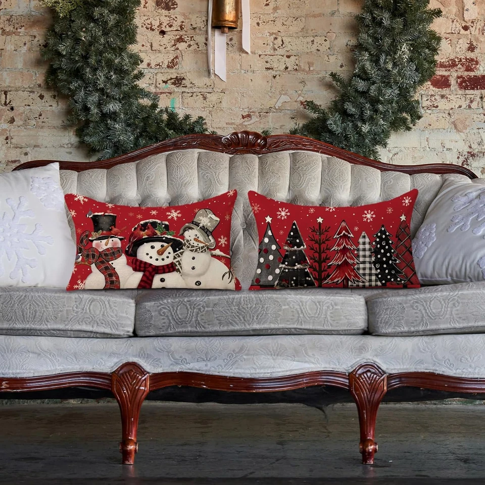 Red Christmas Pillow Covers 12X20 Inch Set of 2, Xmas Trees Snowman Pillowcases  - Image 3 of 4