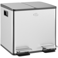 HOMCOM 2x15L Dual Kitchen Bin Pedal Bin for Recycling and Waste, Silver Tone