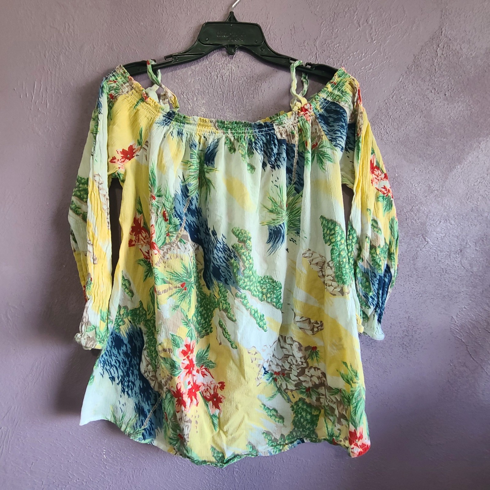 Chaps Denim Blouse Womens XL Yellow Tropical Off-Shoulder Convertible Cotton Top