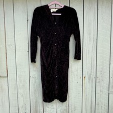 Vintage 80s Black Ruched Long Sleeve Velvet Dress Size 10/12 Gothic