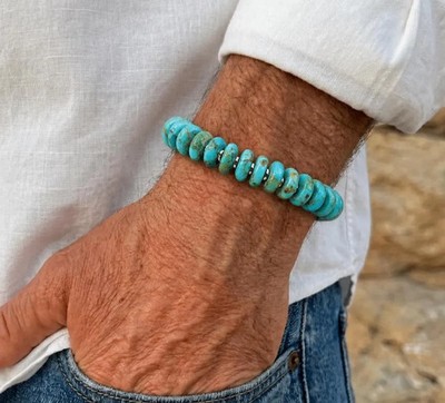 Large 10mm Kingman Blue Green Turquoise Bracelet, Sterling Silver, Lobster Clasp