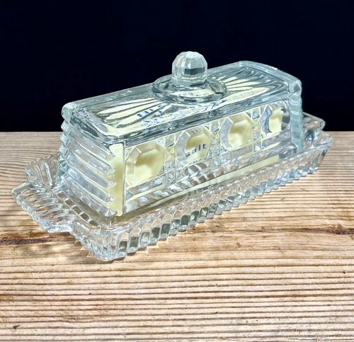 Vintage 70s Era Federal Glass WINDSOR Clear Butter Dish w/Lid and Octagon Knob