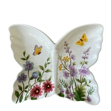 MAXCERA Spring Floral Butterfly Shaped Dinner Plates 11x9 Ceramic Set of 4 New