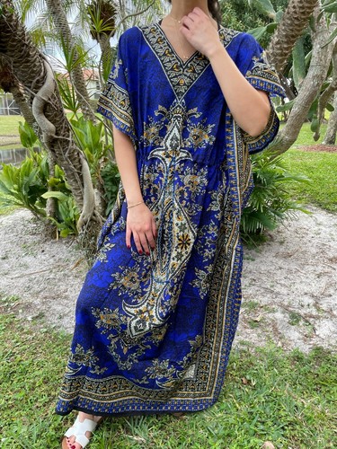 BOHO HIPPY GYPSY Blue Maxi Caftan Dress 