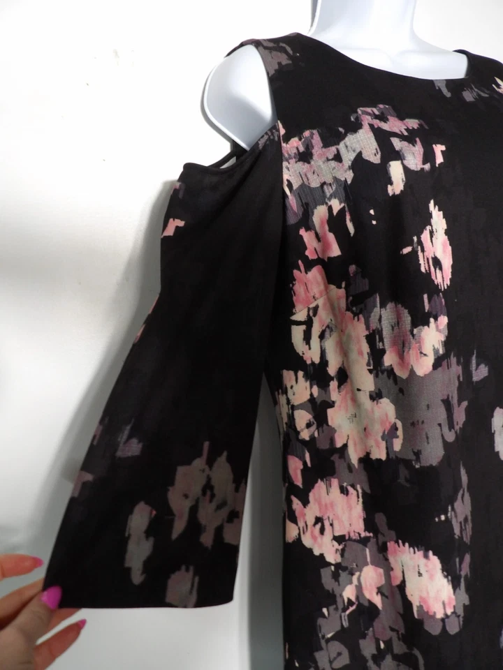 Vestido Jax Etiqueta Negra Talla 14 Midi Hombro Frío Floral Negro Cremallera Trasera Funda Foto 3 de 4