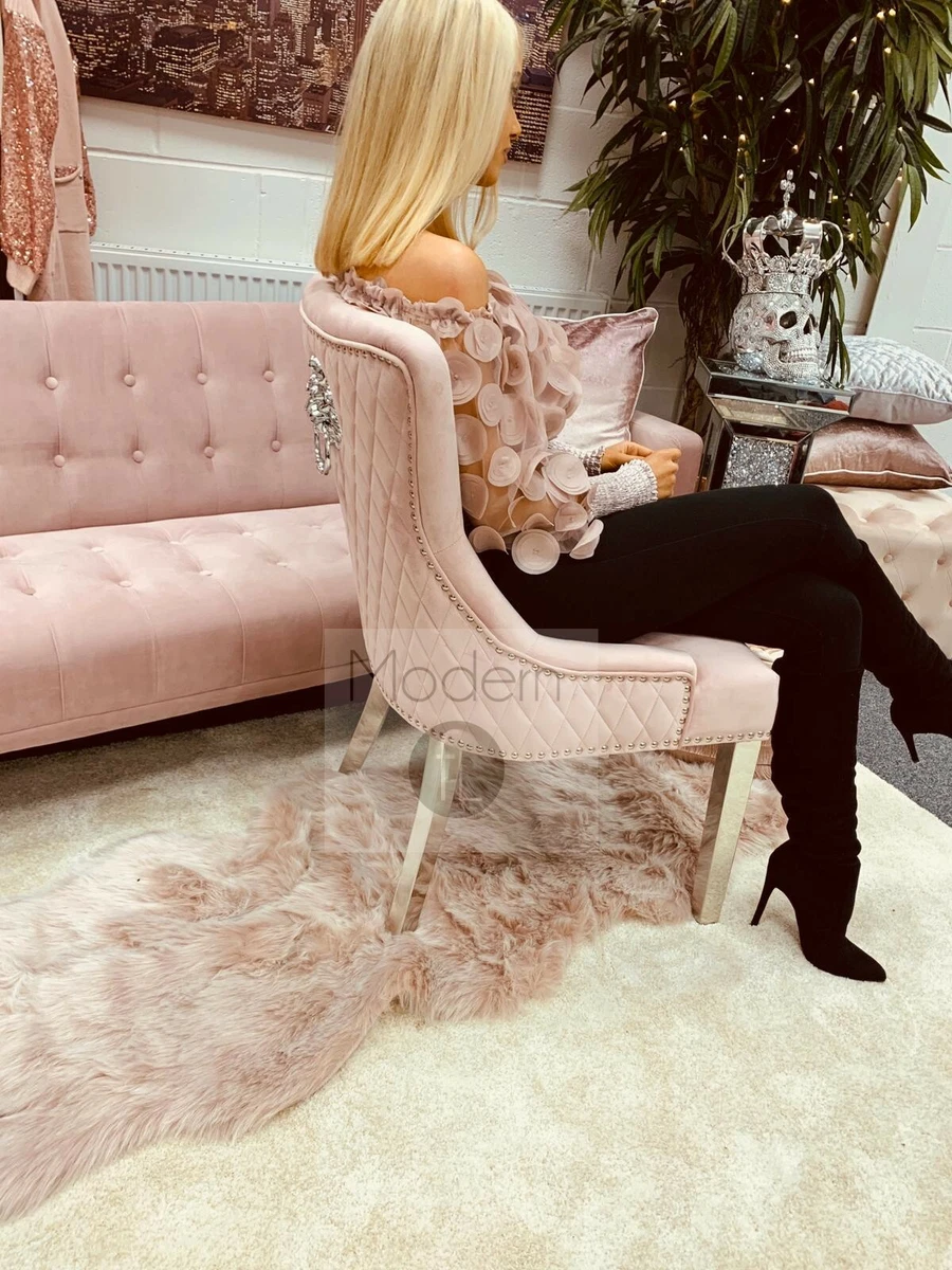 2x Blush Pink French Velvet Dining Chairs Lion Head Door Knocker
