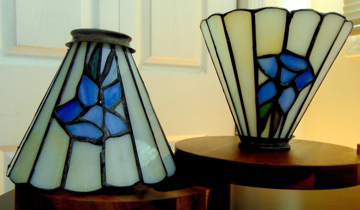 2 VTG Stained Slag Glass Lamp Shades Blue Tulip Flower Paneled