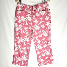 Ann Taylor Pants Capri Crop Pink White Lily Floral Print Stretch Size 12