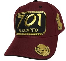 EL CHAPITO 701 CHAPO A LADO Y ÁGUILA VICERA 3 LOGOTIPOS SOMBRERO DORADO GRANATE AJUSTABLE