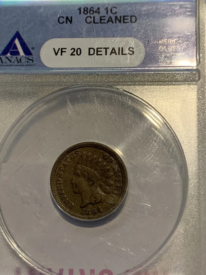 1864 No “L” Indian Cent Penny ANACS VF20 Detail Cleaned 30* Rotated Die VeryRare - Image 2 of 4