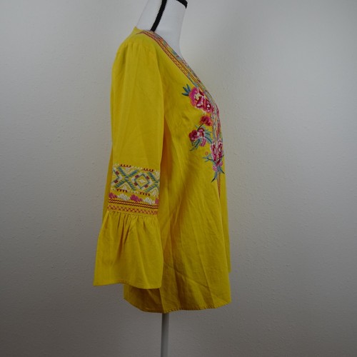 Calessa Embroidered Tunic Top Women's Size M Yellow Loose Fit V-Neck - Picture 5 of 8