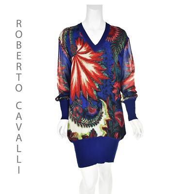 ROBERTO CAVALLI Sweater Dress w/Silk Front & Sleeves & Blue Knit Back S 6 M NWOT ROBERTO CAVALLI Sweater Dress w/Silk Front & Sleeves & Blue Knit Back S 6 M NWOT