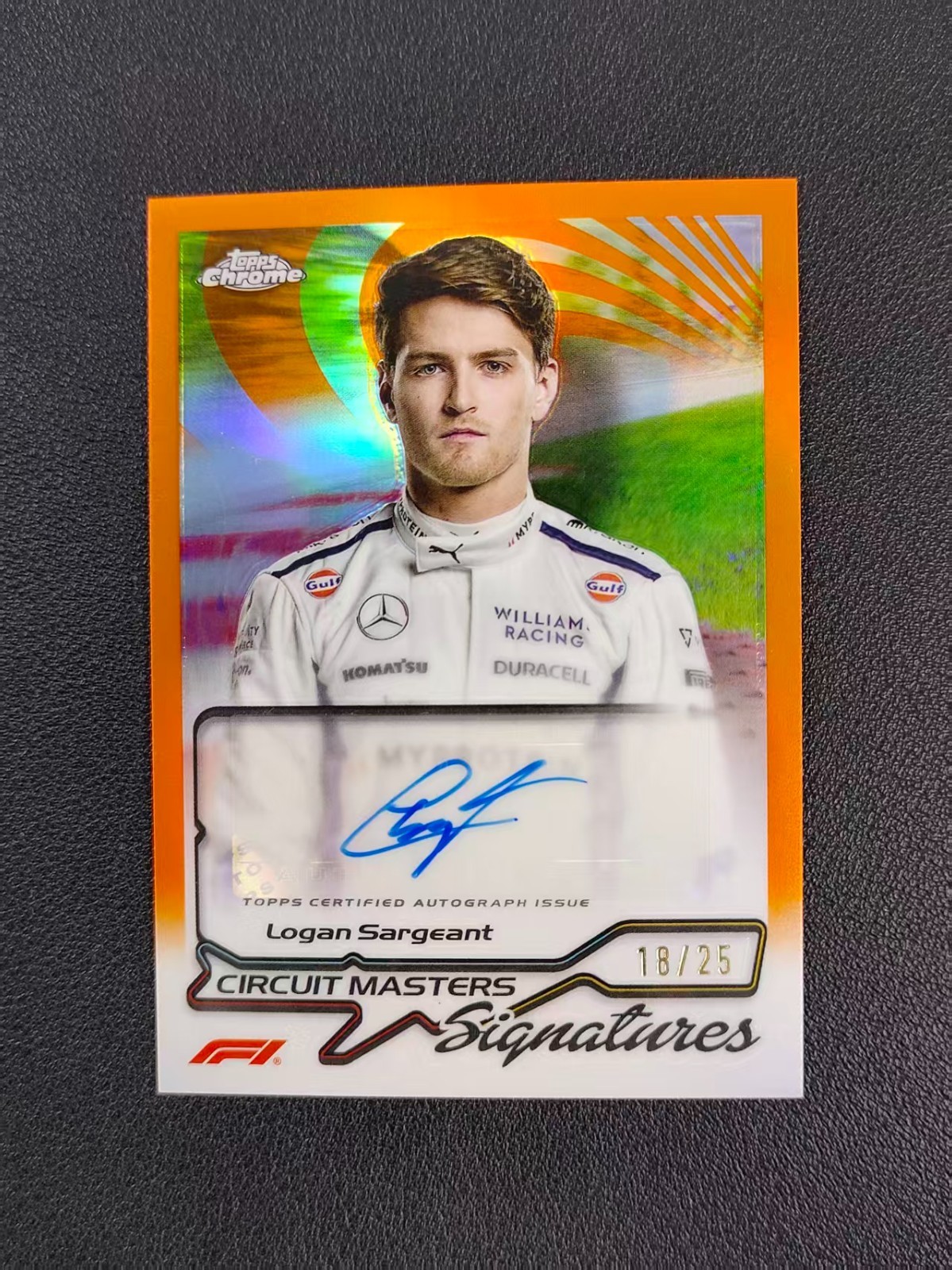 2024 Topps Chrome Formula 1 F1 Logan Sargeant Circuit Masters Auto Orange 18/25