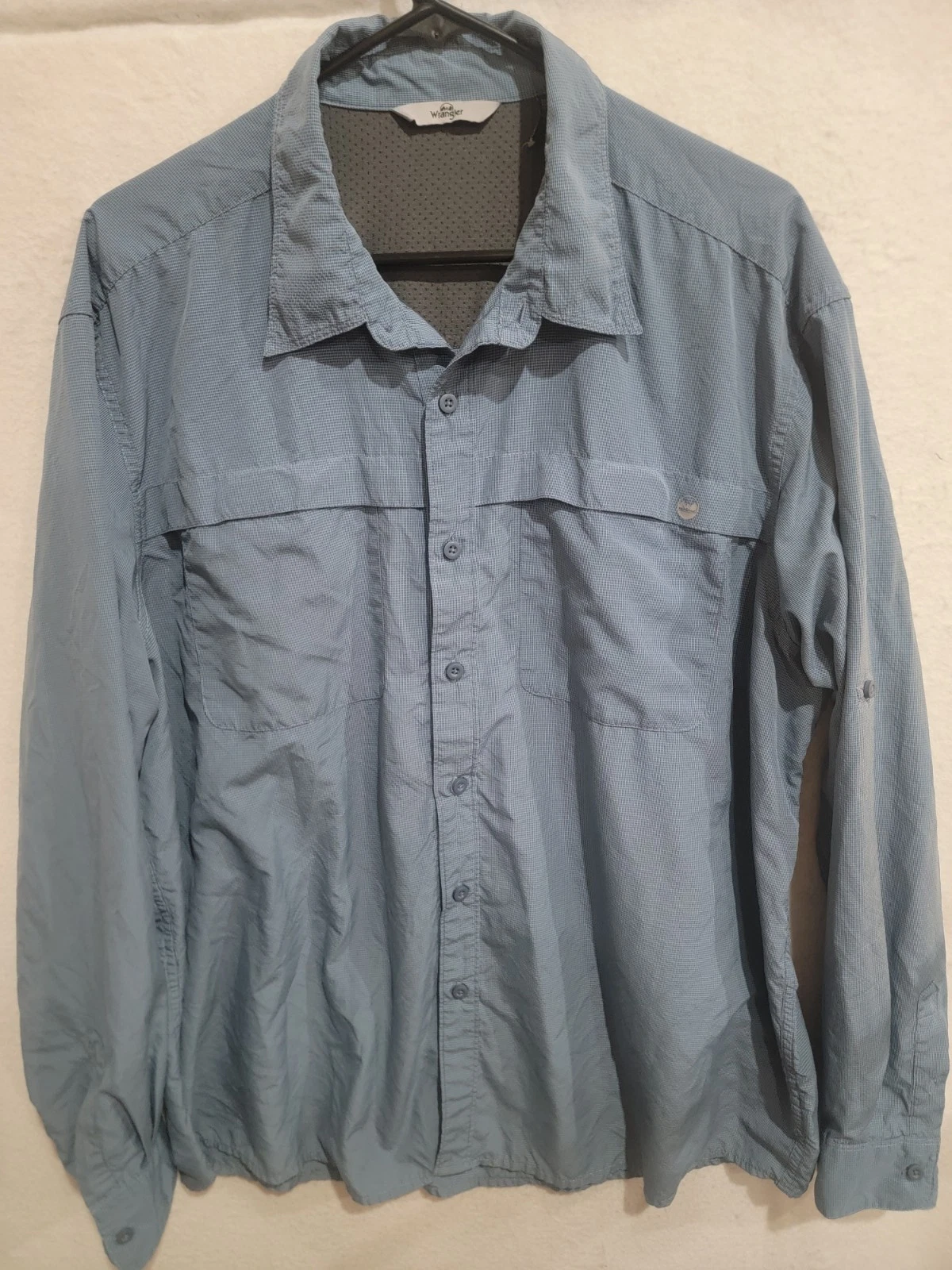 Wrangler Mens XL Outdoor Shirt Slate Blue Micro Check Long Sleeve Roll Tab Hike