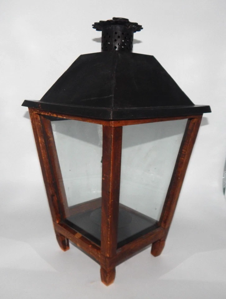 VTG Pier 1 Large Distressed Wood Metal Roof Glass Hanging Candle 23" Lantern - Image 4 of 4