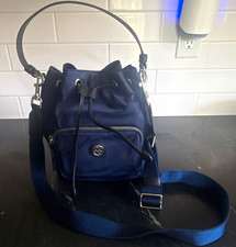 Tory Burch Virginia Navy Bucket Drawstring Bag Top Handle Detachable Strap