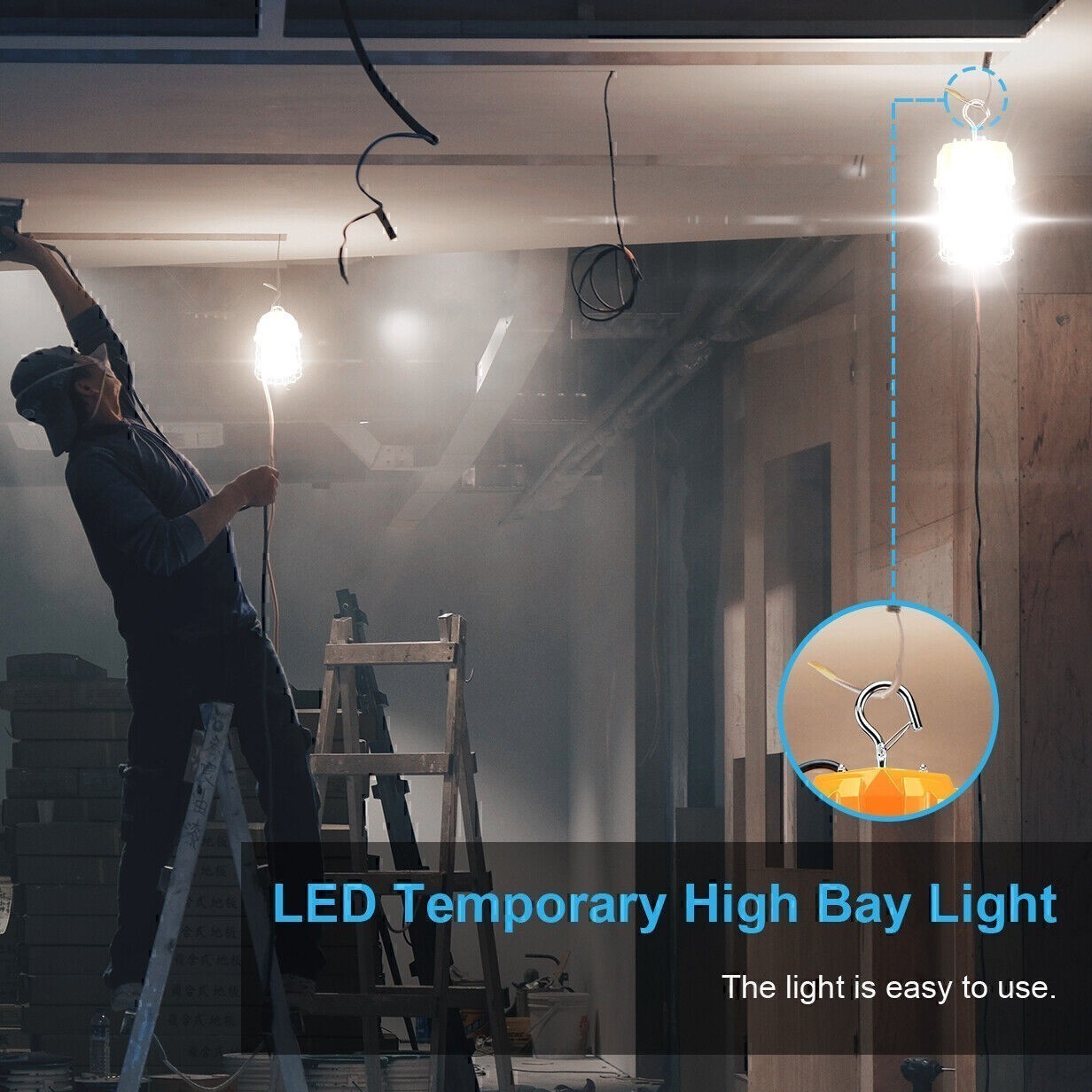 Portable LED Temporary Work Light 100W Industrial Construction Hanging Lamp Plug