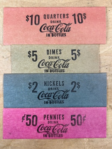Vtg Lot 4 50s COCA COLA Bottles Coin Roll Wrappers $.50 Pennies $2 $5 ...