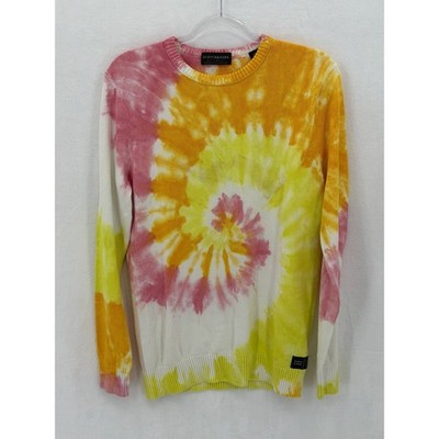 Scotch & Soda Sweater Mens Medium Yellow Tie Dye Knit Crew Neck Spiral Festival