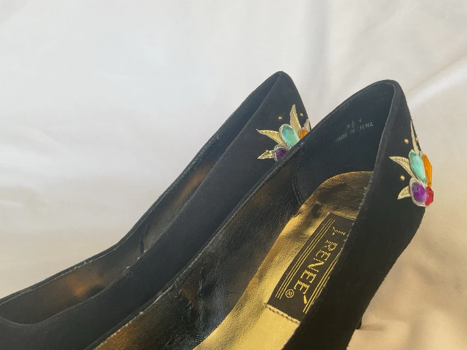 Vintage 80s J Renee Heels Shoes 7 N Black Suede Gold Embroidered Jeweled - Image 4 of 4