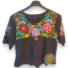 Vintage Mexican Embroidered Blouse Black Floral Peasant Top Large Boho 40