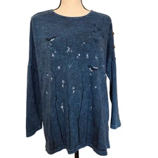 Jess & Jane M Pullover Tunic Scoop Neck Long Drop Sleeve Mineral Wash Birds Blue