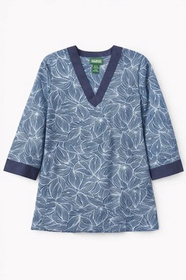 LL Bean womens blue tropical leaves lightweight hoodie pullover tunic small