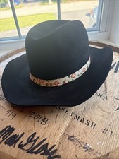 VINTAGE BLACK WOOL COWBOY HAT - F  M HAT CO - NATIVE AMERICAN BAND - LARGE L
