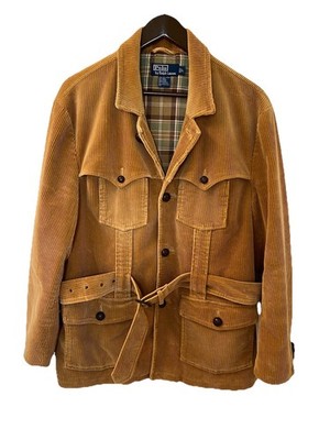 VTG Polo Ralph Lauren Men Brown Corduroy Belted Safari Jacket Plaid Lined Large