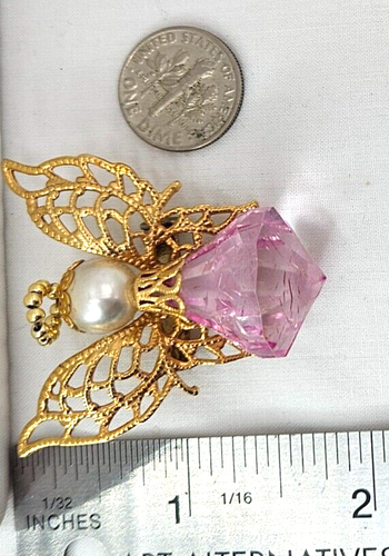 Filigree Winged Angel Christmas Brooch Gold Pink Dress Halo Coat Pin Holiday 2" - Picture 4 of 4