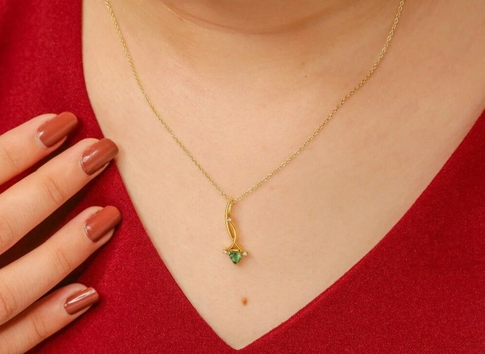 0,30Ct. Smaragd Anhänger 14K Gelbgold Diamant fein Geschenk Schmuck für Damen - Bild 2 von 4